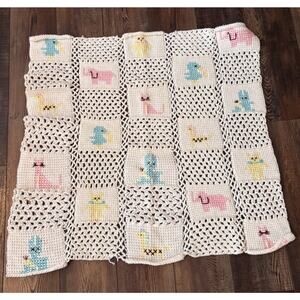 Vintage Handmade Yellow Baby Blanket Animals Pastel Crochet Cross Stitch 40x35